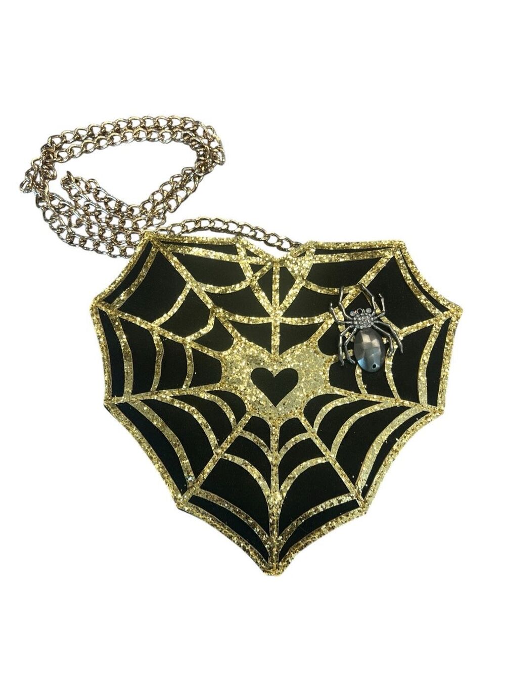 Betsey Johnson Black gold glitter spiderweb heart jeweled spider crossbody bag